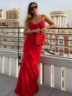 Deep V-Neck Spaghetti Strap Diagonal Tiered Ruffle Maxi Dress