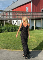 Deep V-Neck Spaghetti Strap Diagonal Tiered Ruffle Maxi Dress