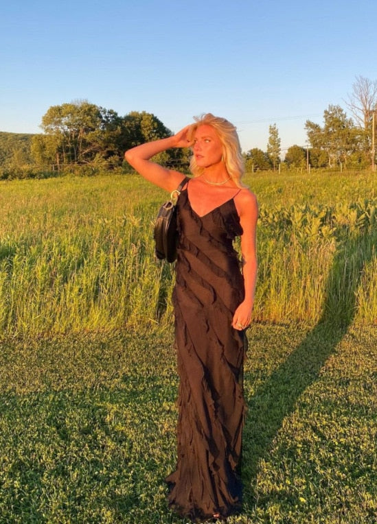 Deep V-Neck Spaghetti Strap Diagonal Tiered Ruffle Maxi Dress