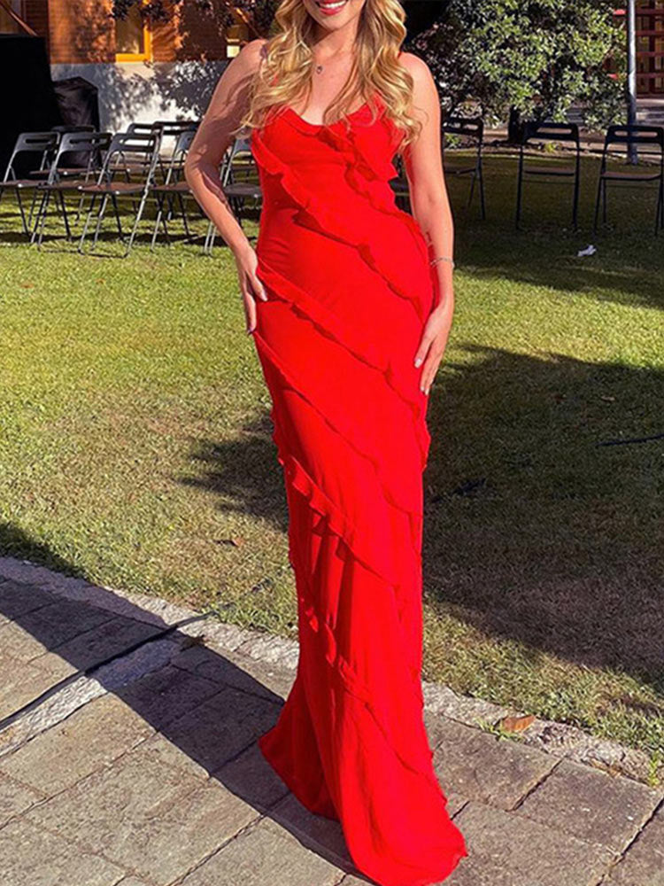 Deep V-Neck Spaghetti Strap Diagonal Tiered Ruffle Maxi Dress