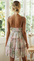Sleeveless Square Neck Lace Up Side Tiered Ruffle Floral Babydoll Mini Dress