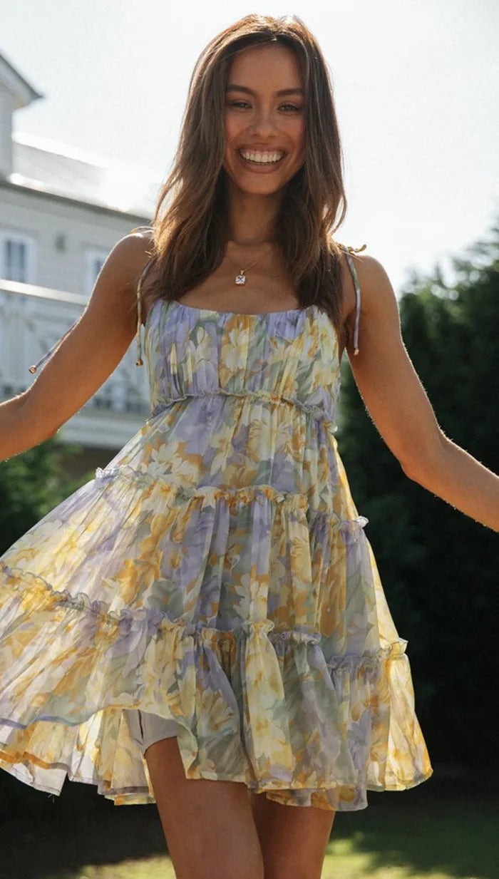 Sleeveless Square Neck Lace Up Side Tiered Ruffle Floral Babydoll Mini Dress
