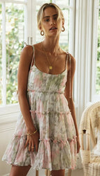 Sleeveless Square Neck Lace Up Side Tiered Ruffle Floral Babydoll Mini Dress