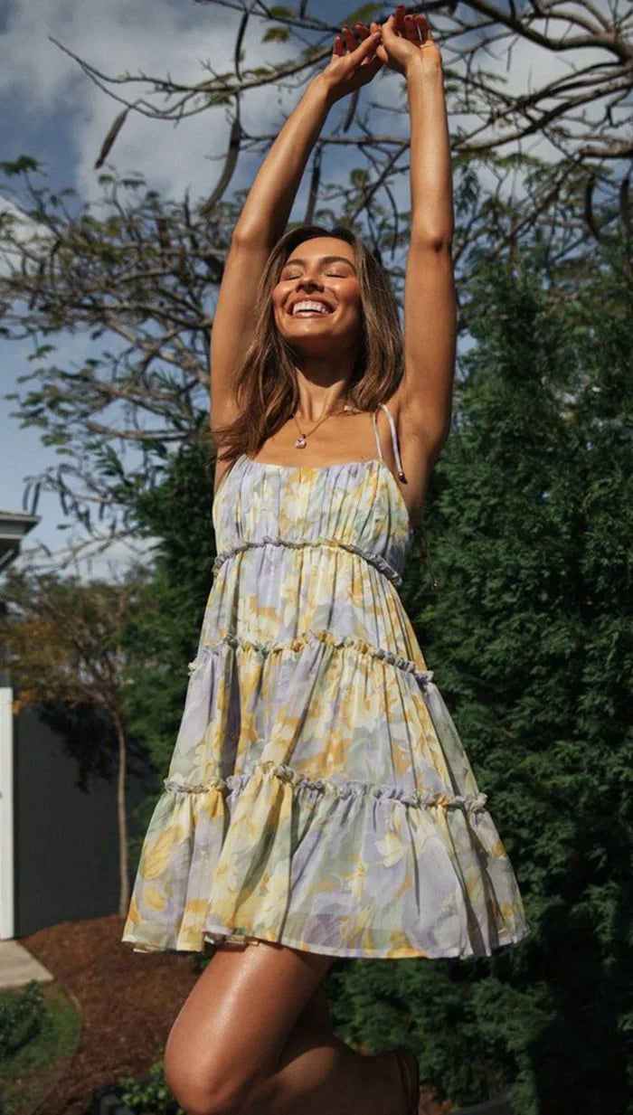 Sleeveless Square Neck Lace Up Side Tiered Ruffle Floral Babydoll Mini Dress