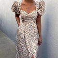 Sweetheart Neck Puff Sleeve Ditsy Floral Print Side Slit Midi Dress