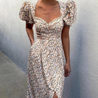 Sweetheart Neck Puff Sleeve Ditsy Floral Print Side Slit Midi Dress