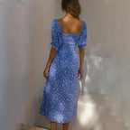 Sweetheart Neck Puff Sleeve Ditsy Floral Print Side Slit Midi Dress