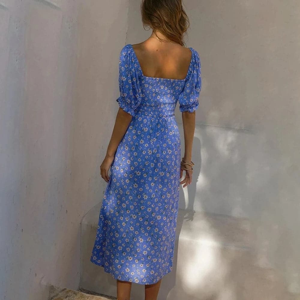 Sweetheart Neck Puff Sleeve Ditsy Floral Print Side Slit Midi Dress
