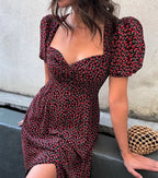 Sweetheart Neck Puff Sleeve Ditsy Floral Print Side Slit Midi Dress