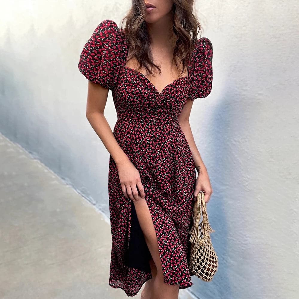 Sweetheart Neck Puff Sleeve Ditsy Floral Print Side Slit Midi Dress