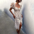Sweetheart Neck Puff Sleeve Ditsy Floral Print Side Slit Midi Dress