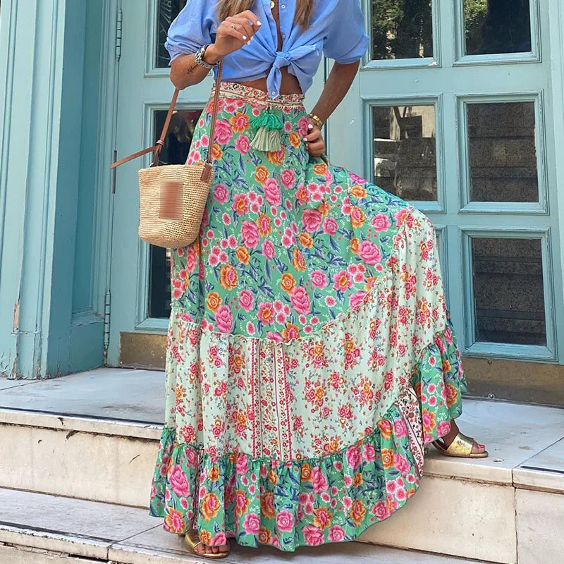 DressBetty - Elegant High Waist Vintage Patterned Print Boho Long Maxi Skirt