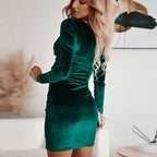 DressBetty - Elegant Solid Color V-Neck Party Dress Formal Long Sleeve Dress Vestidos