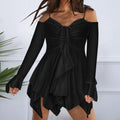 Cold Shoulder Lace Up Ruched V-Neck Bell Sleeve Asymmetrical Hem Mini Dress