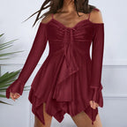 Cold Shoulder Lace Up Ruched V-Neck Bell Sleeve Asymmetrical Hem Mini Dress