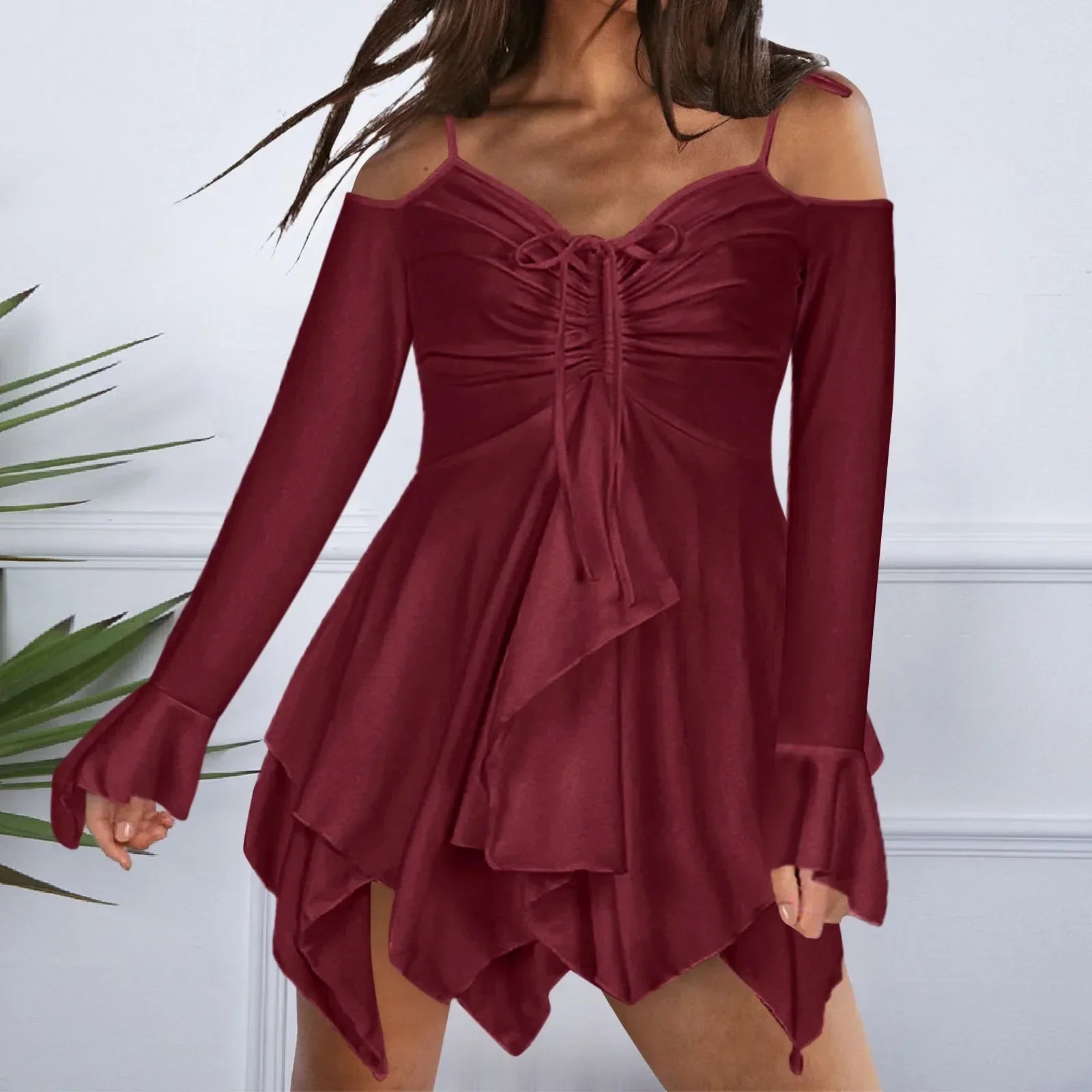 Cold Shoulder Lace Up Ruched V-Neck Bell Sleeve Asymmetrical Hem Mini Dress