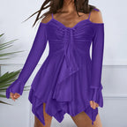 Cold Shoulder Lace Up Ruched V-Neck Bell Sleeve Asymmetrical Hem Mini Dress