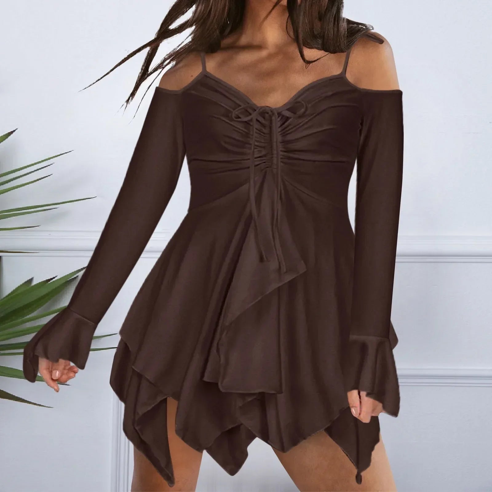 Cold Shoulder Lace Up Ruched V-Neck Bell Sleeve Asymmetrical Hem Mini Dress