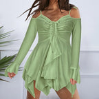 Cold Shoulder Lace Up Ruched V-Neck Bell Sleeve Asymmetrical Hem Mini Dress