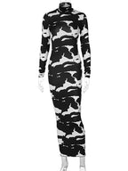 Abstract Cow Print Mock Neck Long Sleeve Bodycon Maxi Dress