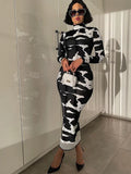 Mock Neck Long Sleeve Abstract Cow Print Bodycon Maxi Dress