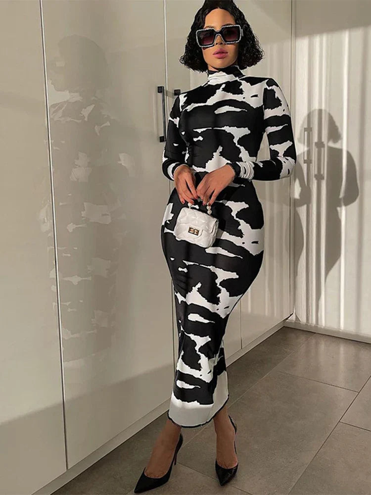 Mock Neck Long Sleeve Abstract Cow Print Bodycon Maxi Dress