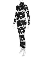 Abstract Cow Print Mock Neck Long Sleeve Bodycon Maxi Dress