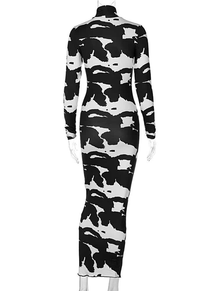 Abstract Cow Print Mock Neck Long Sleeve Bodycon Maxi Dress