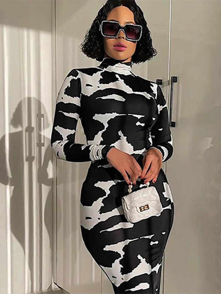 Mock Neck Long Sleeve Abstract Cow Print Bodycon Maxi Dress