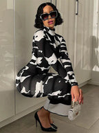 Mock Neck Long Sleeve Abstract Cow Print Bodycon Maxi Dress