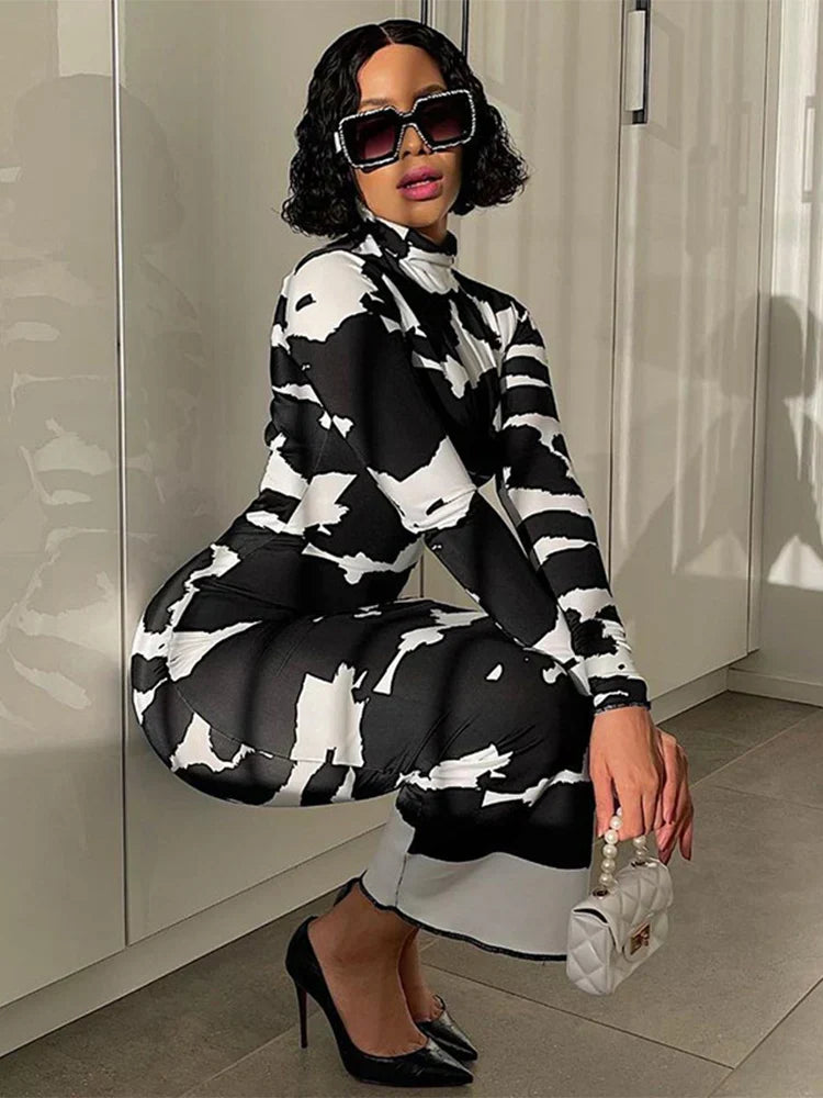 Mock Neck Long Sleeve Abstract Cow Print Bodycon Maxi Dress