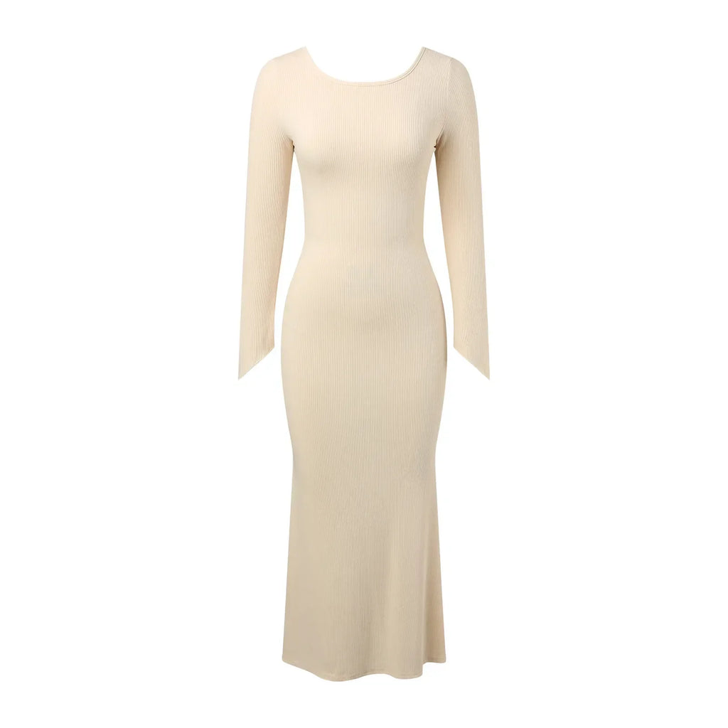 Rib Knit Crew Neck Bell Cuff Long Sleeve Bodycon Maxi Dress