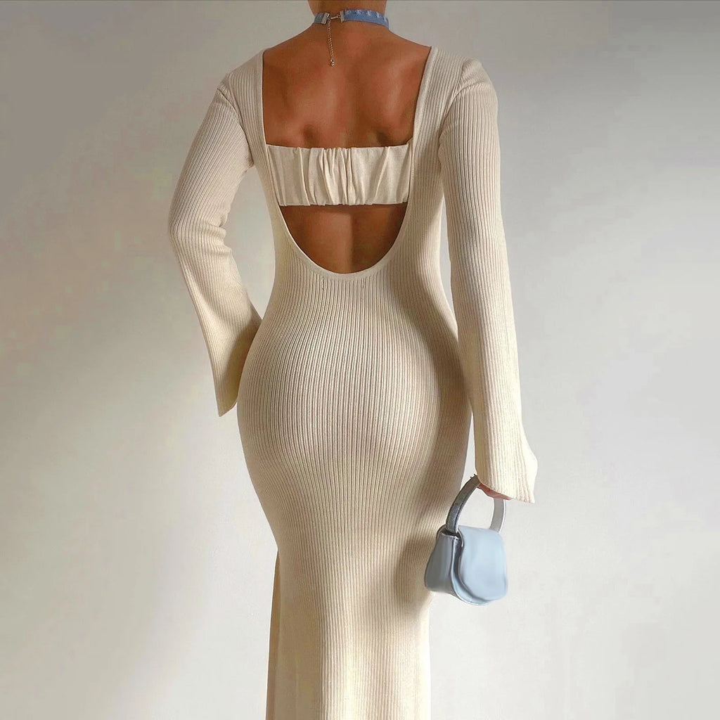 Rib Knit Crew Neck Bell Cuff Long Sleeve Bodycon Maxi Dress