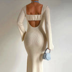 Rib Knit Crew Neck Bell Cuff Long Sleeve Bodycon Maxi Dress