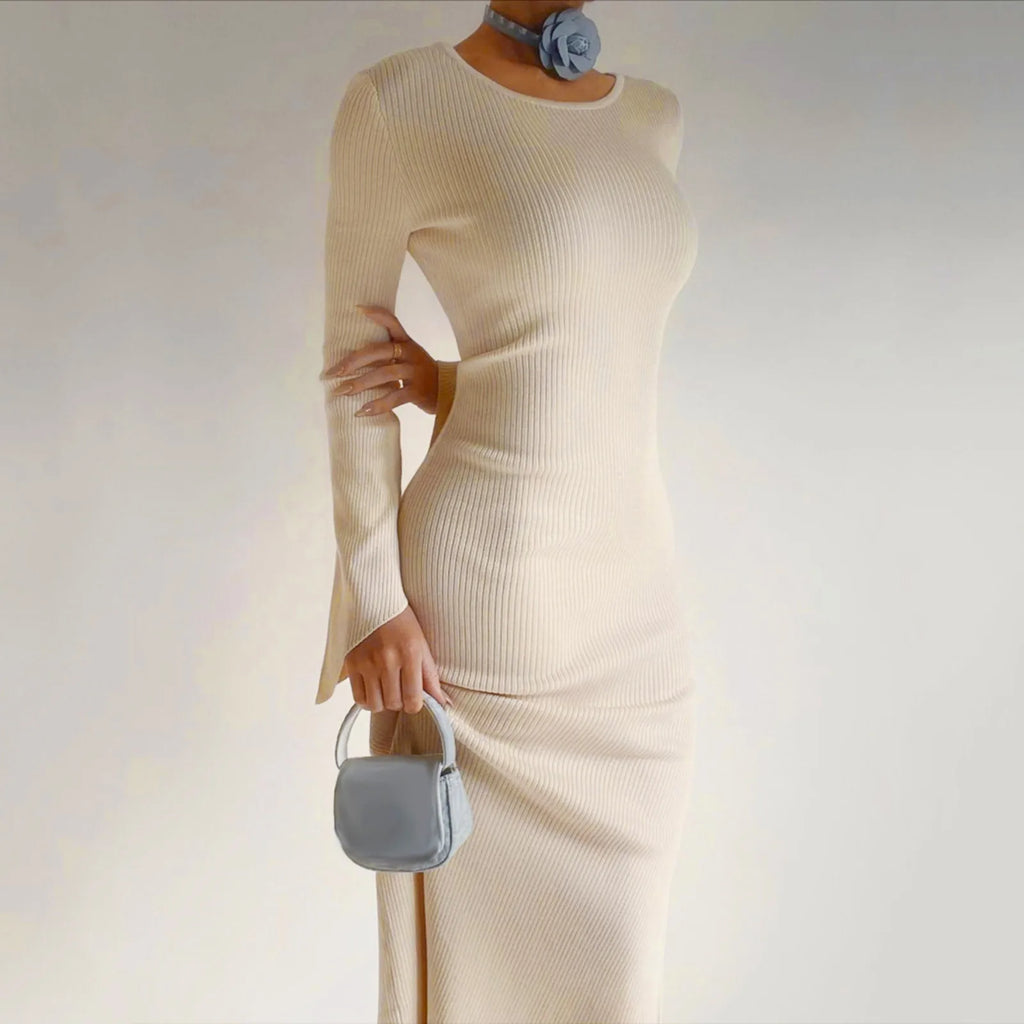 Rib Knit Crew Neck Bell Cuff Long Sleeve Bodycon Maxi Dress