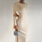 Rib Knit Crew Neck Bell Cuff Long Sleeve Bodycon Maxi Dress