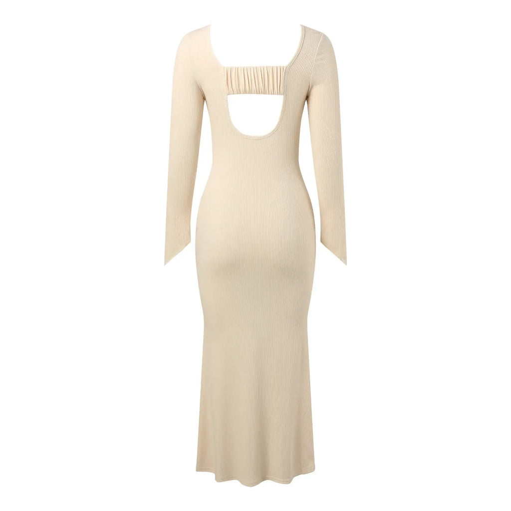 Rib Knit Crew Neck Bell Cuff Long Sleeve Bodycon Maxi Dress