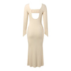 Rib Knit Crew Neck Bell Cuff Long Sleeve Bodycon Maxi Dress