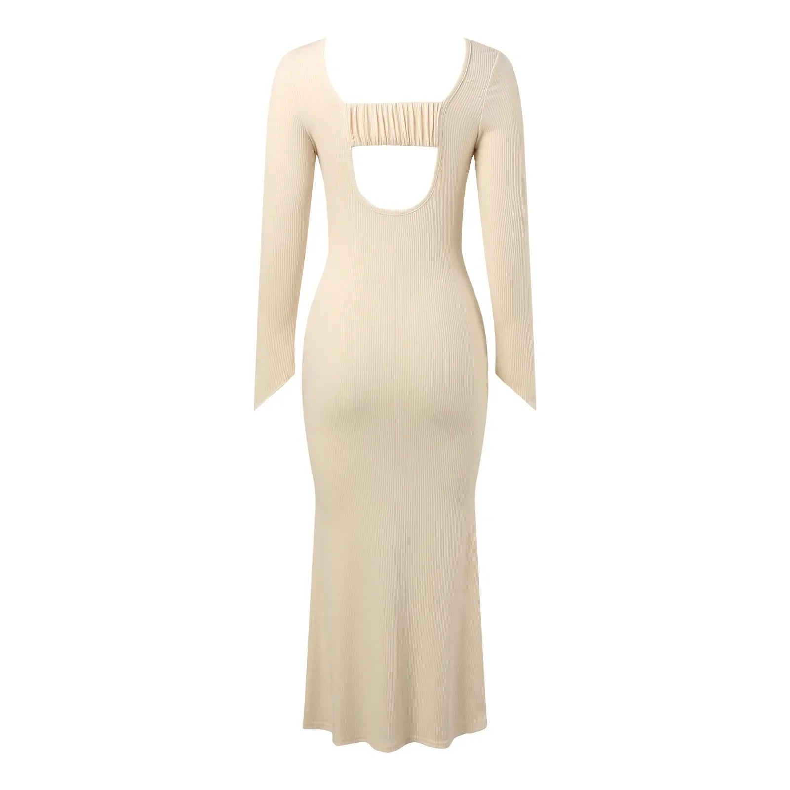 Rib Knit Crew Neck Bell Cuff Long Sleeve Bodycon Maxi Dress