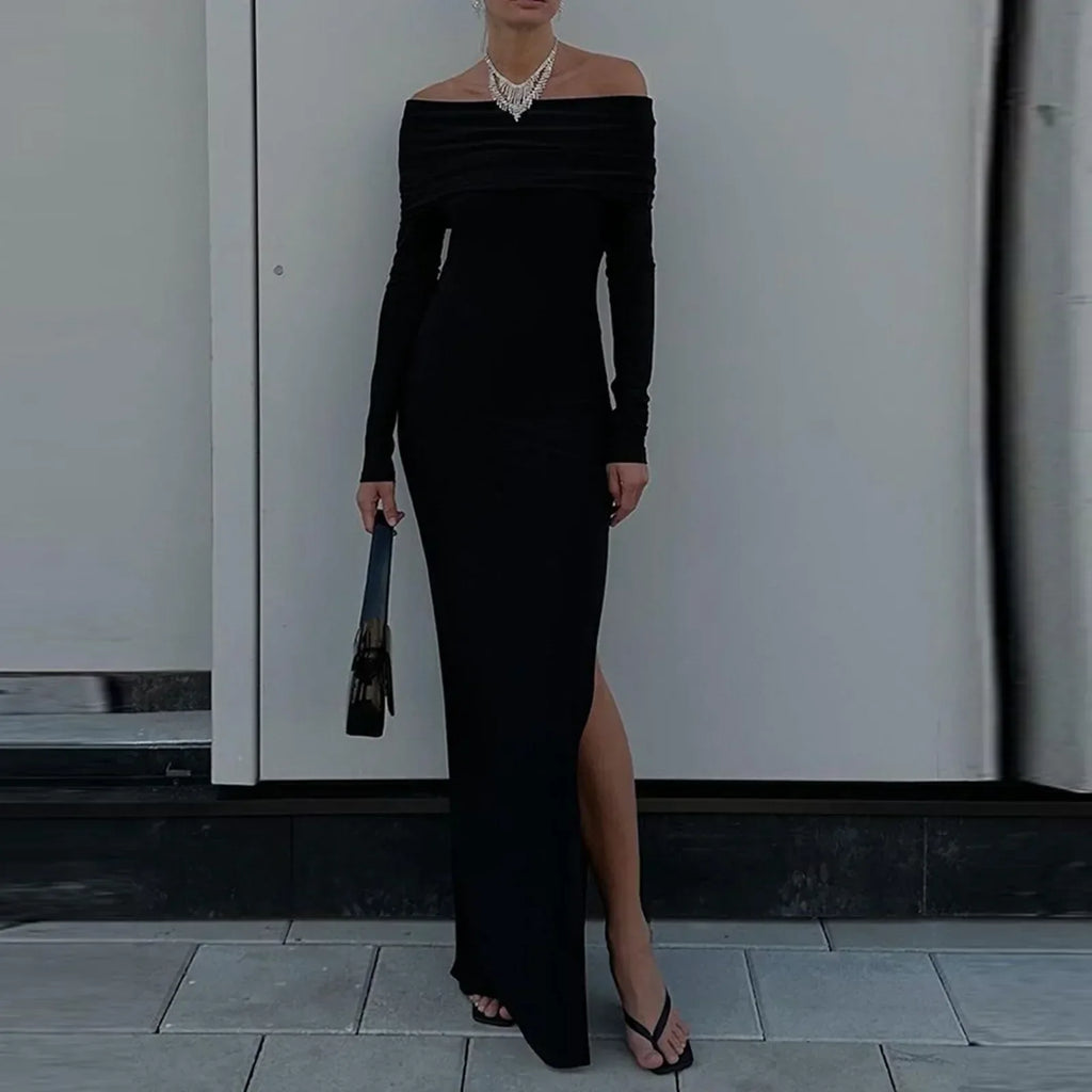 Off Shoulder Long Sleeve High Slit Bodycon Maxi Dress