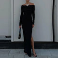 Off Shoulder Long Sleeve High Slit Bodycon Maxi Dress