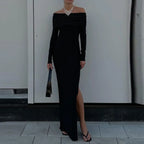 Off Shoulder Long Sleeve High Slit Bodycon Maxi Dress