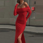 Off Shoulder Long Sleeve High Slit Bodycon Maxi Dress