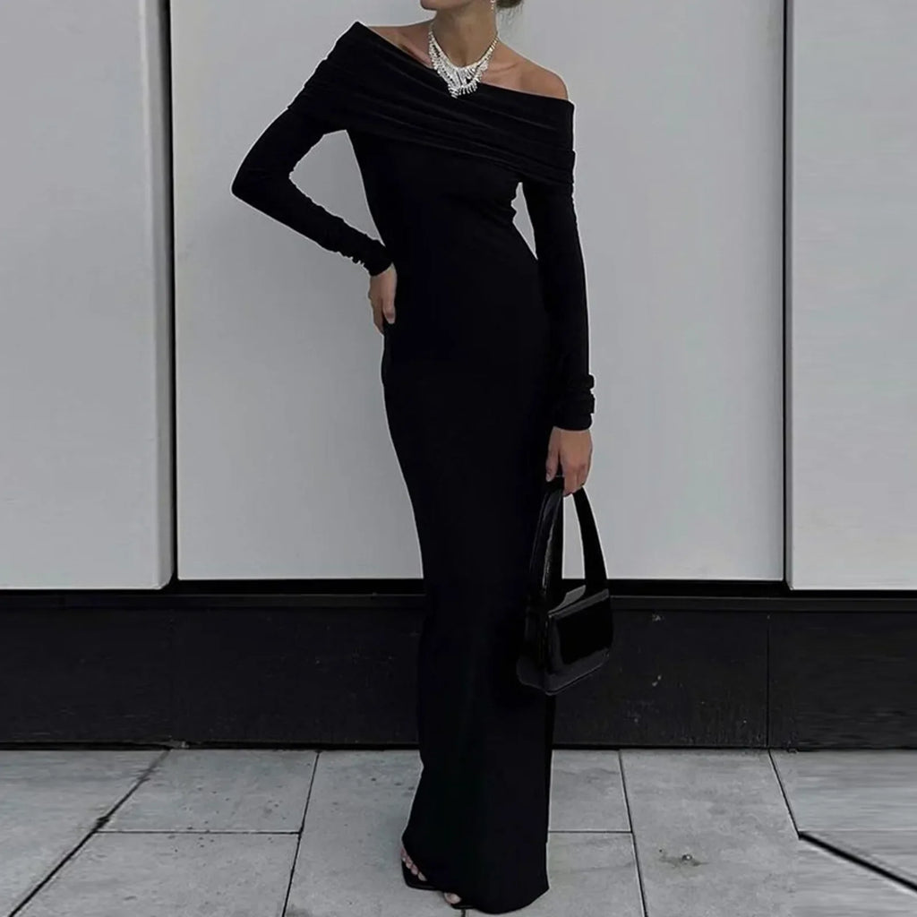 Off Shoulder Long Sleeve High Slit Bodycon Maxi Dress