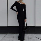 Off Shoulder Long Sleeve High Slit Bodycon Maxi Dress