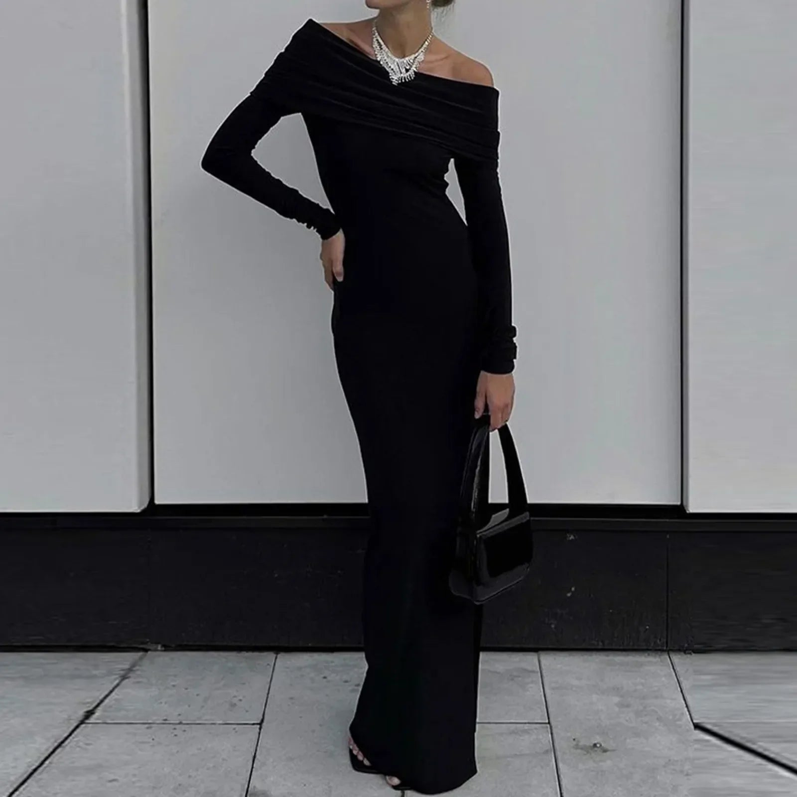 Off Shoulder Long Sleeve High Slit Bodycon Maxi Dress