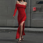Off Shoulder Long Sleeve High Slit Bodycon Maxi Dress