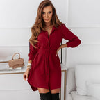 Belted Collar Button Front Long Sleeve Shirt Mini Dress