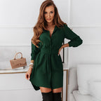 Belted Collar Button Front Long Sleeve Shirt Mini Dress