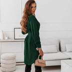 Belted Collar Button Front Long Sleeve Shirt Mini Dress